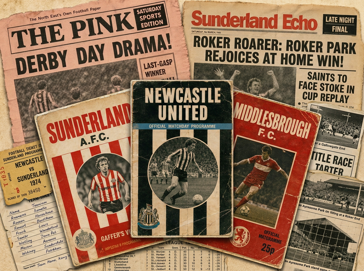Editorial paper cut-out collage of vintage North East sporting memorabilia — Newcastle United, Sunderland AFC and Middlesbrough FC matchday programmes with a boxing title poster and cricket Test scorecard, arranged on aged newsprint